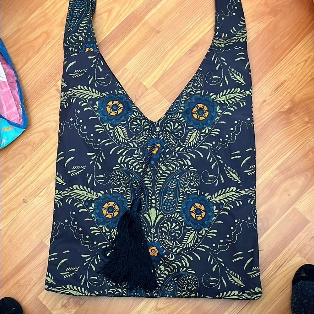 Boho Sling Bag Cross Body Navy Gold with Blue Tassel